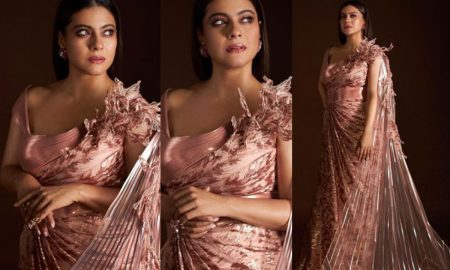 Actress Kajol, rose gold saree, saree gown